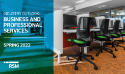 Title image introducing the business and professional services industry outlook. It includes a photo of office desks and chairs