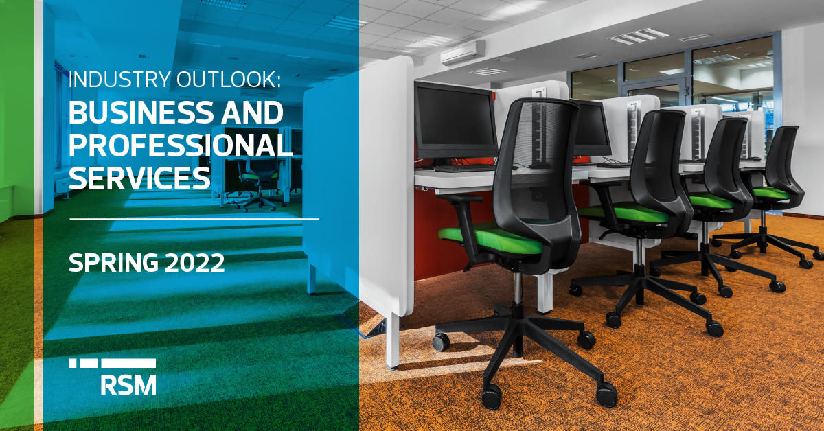 Title image introducing the business and professional services industry outlook. It includes a photo of office desks and chairs
