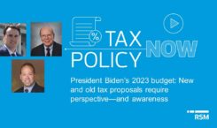 Title card for the Tax Policy Now episode, including head shots of the three presenters from RSM's tax policy team