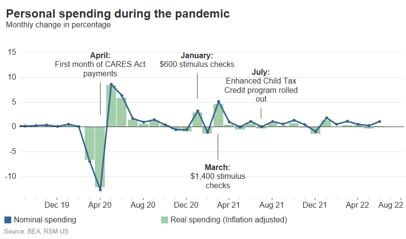 A chart shows the monthly changes in personal spending during the pandemic